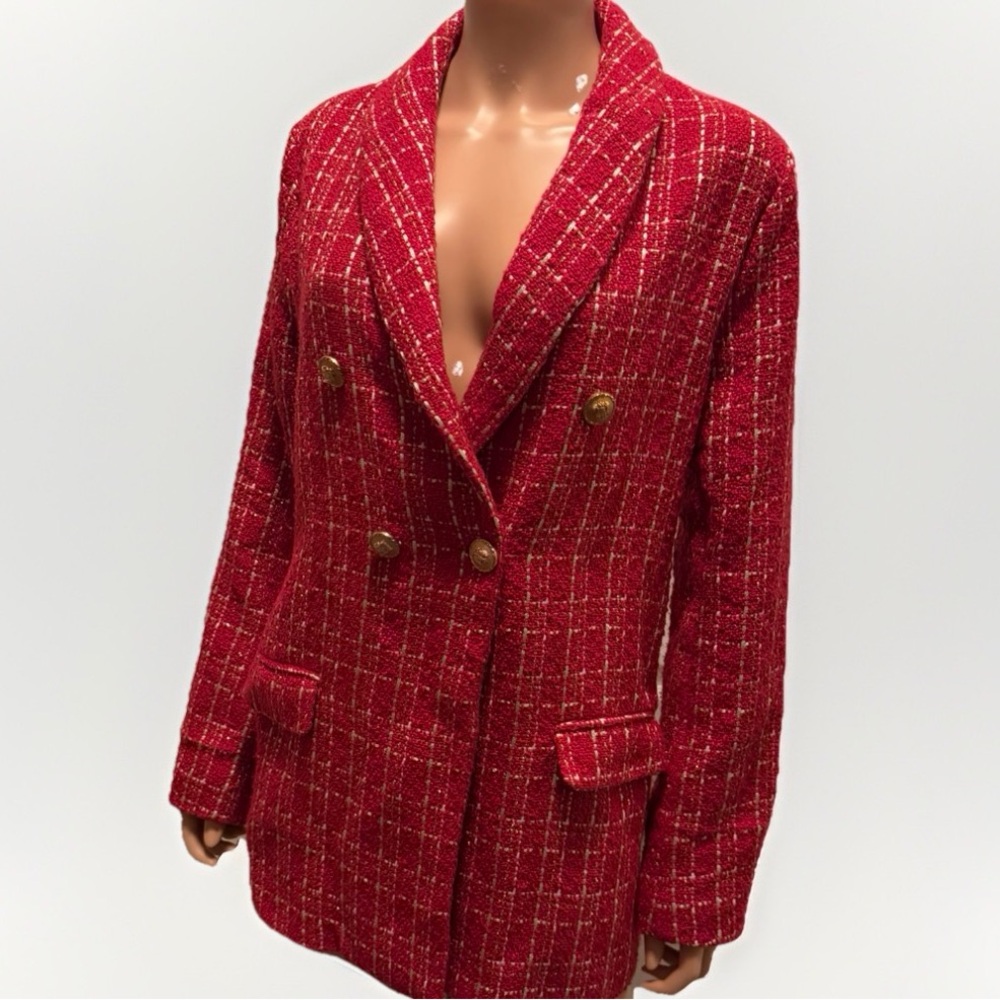 Red Tweed Plaid Double-Breasted Blazer Women’s Size L Old Money - Picture 2 of 16